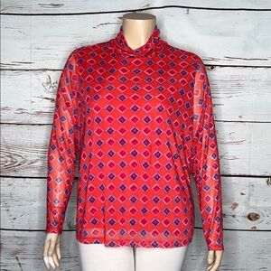 Attitudes by Renee 2X Red - Diamond Geometric Ruched Mock Neck Mesh Blouse Top